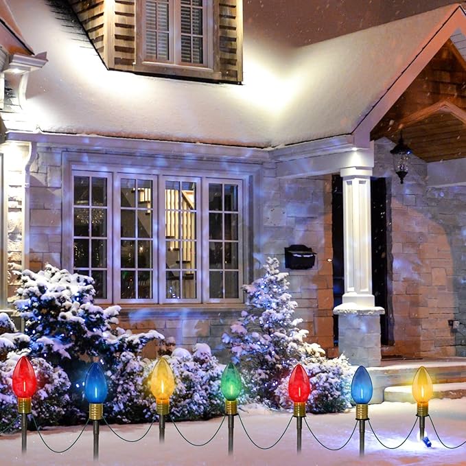 Abeja 2 Pack 7Ft C9 Outdoor Pathway Lights, Outdoor Christmas Pathway Markers Stakes Lights with 8 Jumbo C9 Multicolor LED Bulbs, Connectable Christmas Yard Decoration for Driveways Garden Holiday