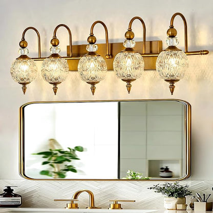 Piepooye Vintage Bathroom Lights Fixtures Gold Vanity Light with Glass Globe LampShade 5 Light Brushed Brass G9 Bulb Wall Sconce Antique Indoor Vanity Light Over Mirror for Kitchen Bedroom Living Room