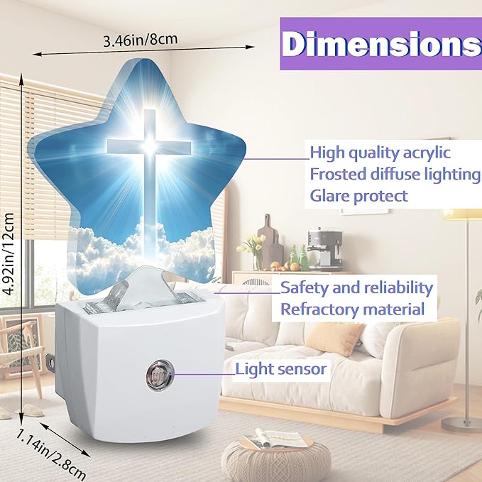 Energy Efficient Nightlights Plug in Wall, Glitter Cross Night Light for Kids Bedroom Decorative, Blue Sky Cloud Dusk-to-Dawn Sensor Sleep Friendly Lamp for Nursery Bathroom Basement