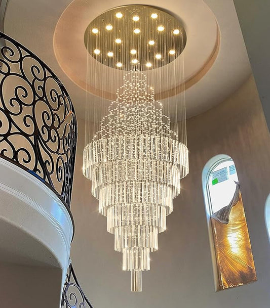 HAIXIANG W40 x H120 Glam Chandelier with LED Bulbs Crystal Raindrop High Ceiling Pendant Light for Entrance Large Villa Chandelier Foyer Lighting Fixtures Gold