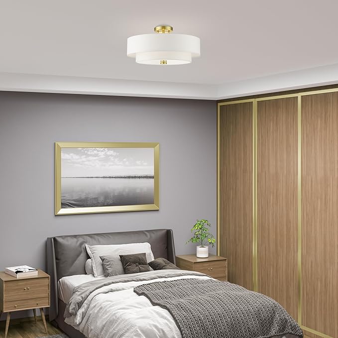 Livex Lighting 51045-12 Meridian Collection 4-Light Semi Flush Mount Ceiling Light with Off-White Hardback Fabric Shade, Satin Brass, 18 x 18 x 9