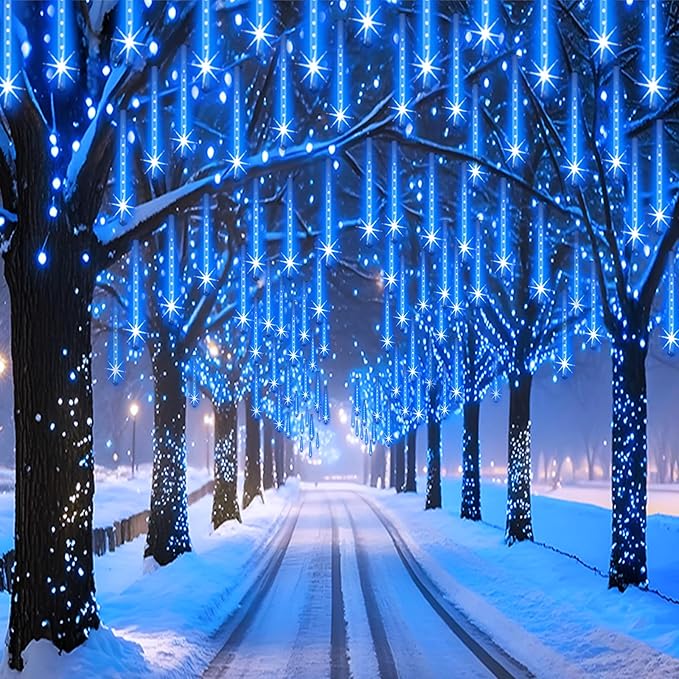Adecorty Outdoor Christmas Lights Meteor Shower Light UL Certified 8 Tubes 192 LED Snow Falling Rain Drop Light Dripping Icicle String Lights for Christmas Tree Decorations Xmas Wedding Party, Blue