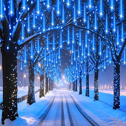Adecorty Outdoor Christmas Lights Meteor Shower Light UL Certified 8 Tubes 192 LED Snow Falling Rain Drop Light Dripping Icicle String Lights for Christmas Tree Decorations Xmas Wedding Party, Blue