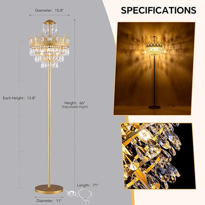 TOCHIC 3 Lights Gold Floor Lamp - Modern Farmhouse Crystal Standing Lamp, 66" Tall Adjustable Unique Chandelier for Bedroom, Living Room, Kids Room, Office, Corner