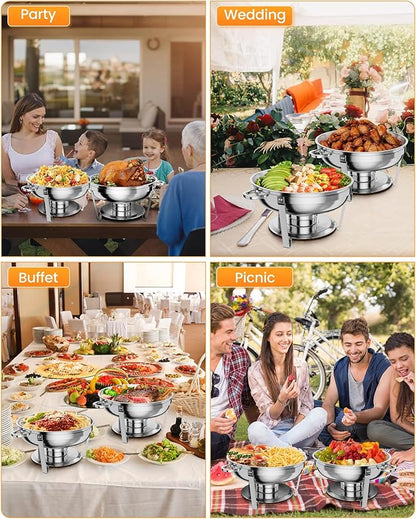 Chafing Dish Buffet Set 2 Pack, 5 QT Round Stainless Steel Chafer and Food Warmers with Food & Water Pan, Lid, Frame, Fuel Holder for Catering, Parties, Events, Wedding, Camping, Dinner
