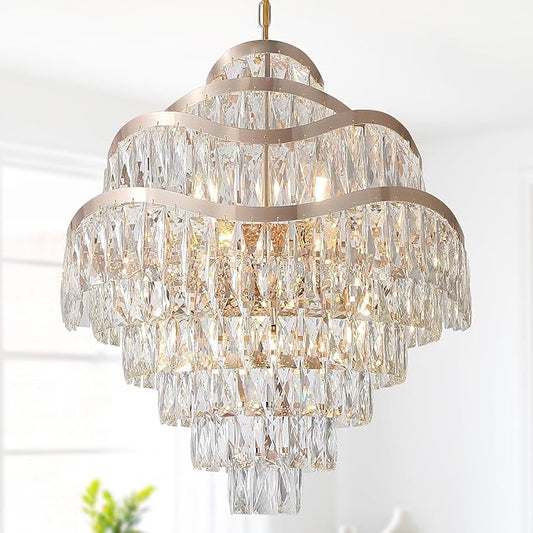 9-Tier K9 Crystal Chandelier 16 Lights Luxury Gold Light Fixtures 24" Crystal Pendant Ceiling Lighting for Living Room Dining Room Foyer Bedroom Kitchen, E12