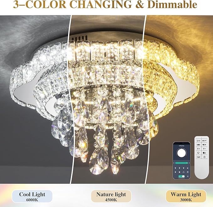 Silver 18" Modern Flush Mount Chandelier for Bedroom, LED Crystal Ceiling Light Over Table,Elegant Dining Room Lighting Fixture with Remote Control, 3CCT Dimmable