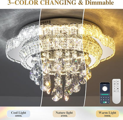 Silver 18" Modern Flush Mount Chandelier for Bedroom, LED Crystal Ceiling Light Over Table,Elegant Dining Room Lighting Fixture with Remote Control, 3CCT Dimmable