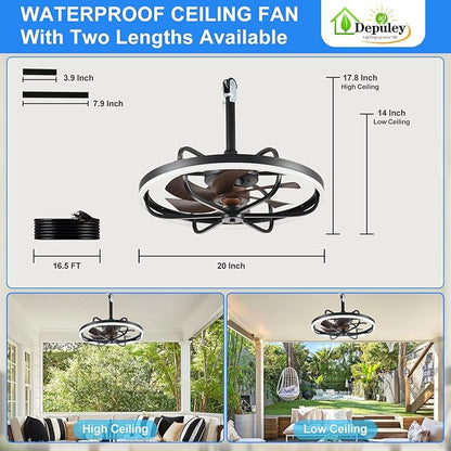 Depuley 20" Outdoor Ceiling Fan with Lights, Walnut and Black Waterproof Gazebo Hanging Fan with Remote App Control, Dimmable Plug in Caged Outdoor Ceiling Fans for patios Porch 6-Speeds