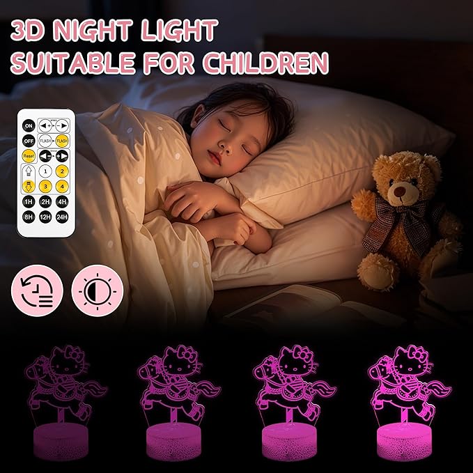 3D Kitty Night Light - Kitty Stuff 7 Color LED Cute Kitty Lamp Room Decor with Remote Control, Timer & Dimmable Function Gifts for Girls Birthday & Christmas with Greeting Gift Card