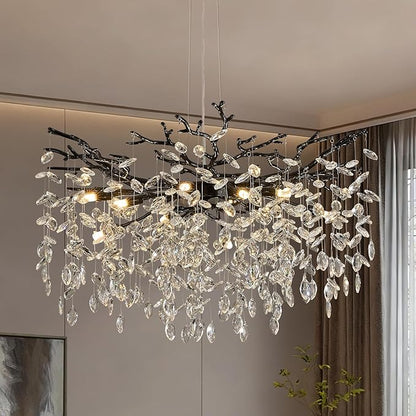 Benkut Black Tree Branch Crystal Chandelier 31.5" Modern Crystal Raindrop Chandeliers 10-Light Luxury Brach Chandelier for Dining Room Kitchen Bedroom Living Room