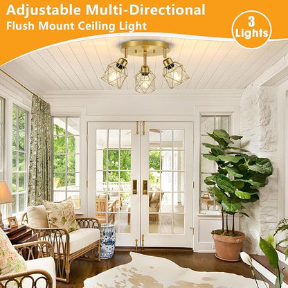 Baocuz 3-Light Brushed Gold Kitchen Light Fixtures, Modern Close to Ceiling Light with Metal Cage, Multi-Directional Gold Ceiling Lights for Farmhouse, Hallway, Dining Room, Entryway