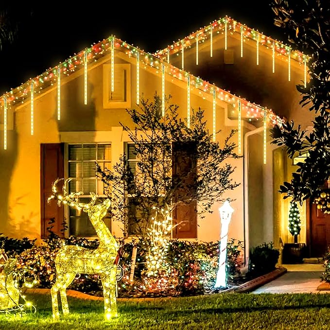 JMEXSUSS 2 Pack Solar Meteor Shower Lights, 16 Tube 288 LED Warm White Meteor Christmas Lights, Solar Powered Waterproof for Outdoor Tree Decorations