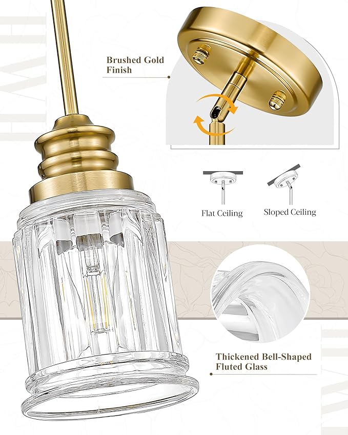 Brushed Gold Pendant Lights Kitchen Island 2 Pack, HWH 6 Inch Hanging Lights Fixtures with Bell-Shaped Fluted Clear Glass, Modern Kitchen Island Lighting, 5HZG106MIL-2L BG