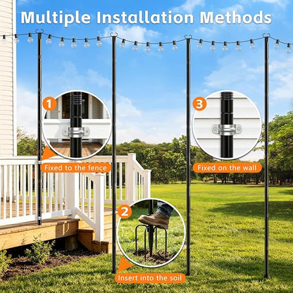 10Ft String Light Poles 4 Pack,Poles for Outdoor String Lights with Fork and Fence Clamp,Hanging Lights Metal Stand Post for Deck Patio Backyard Garden Decorations