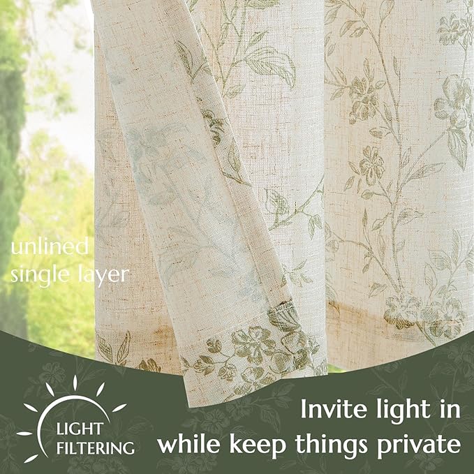 jinchan Floral Kitchen Curtains 36 Inch Linen Tier Curtains Farmhouse Cafe Half Window Drapes Over Sink Light Filtering for Living Room Laundry RV Rod Pocket 2 Panels Sage Green on Beige