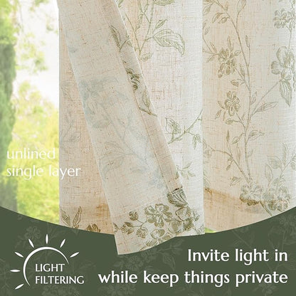 jinchan Floral Kitchen Curtains 36 Inch Linen Tier Curtains Farmhouse Cafe Half Window Drapes Over Sink Light Filtering for Living Room Laundry RV Rod Pocket 2 Panels Sage Green on Beige