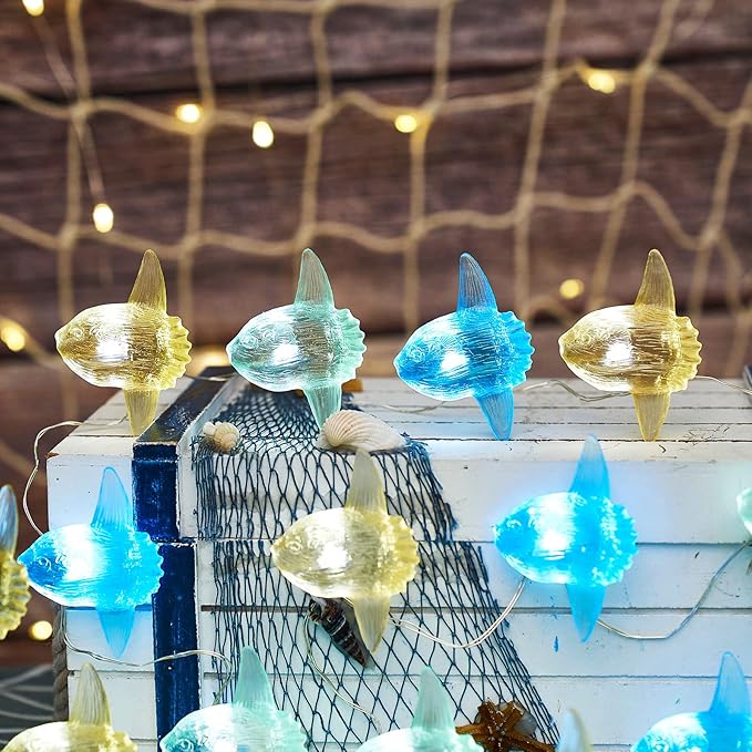 Sea Life Decor Ocean Fish String Lights Indoor Outdoor Mola Sunfish Nautical Theme Ocean Beach Decorative Lights Cute Marine Life Fairy Lights 30LED 10ft Battery Operated for Bedroom Garden Camp Tent