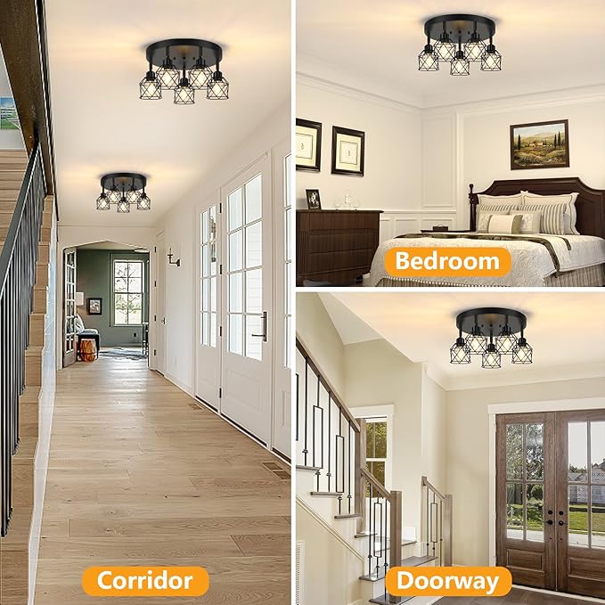 Baocuz 5-Light Adjustable Kitchen Light Fixtures, Multi-Directional Black Ceiling Light Fixtures, Semi Flush Mount Ceiling Light, Vintage Metal Cage Spotlight Fixture for Hallway Dining Room Entryway