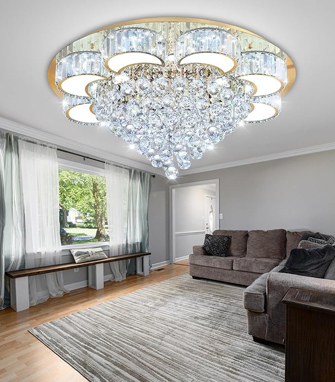31.4" Gold Modern Crystal Chandeliers for Dining Room LED Dimmable Light Fixtures Flush Mount Light Living Room Bedrooms