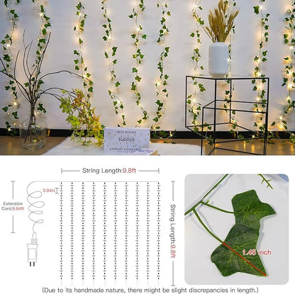 suddus 300 LED Vines with Lights Plug in, 9.8ft x 9.8ft Fairy Lights with Vines, Ivy Curtain Lights for Wall, Bedroom, Dorm, Wedding, Party, Indoor, Outdoor Decor(Warm White)