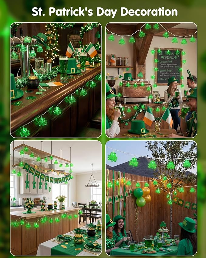 SUNSGNE Shamrock String Lights St. Patrick's Day Lights, 8.5Ft Outdoor Patio String Light with 10 LED Green Shamrock, Plug in Fairy Lucky Clover String Lights for Home Garden Irish Party Decoration