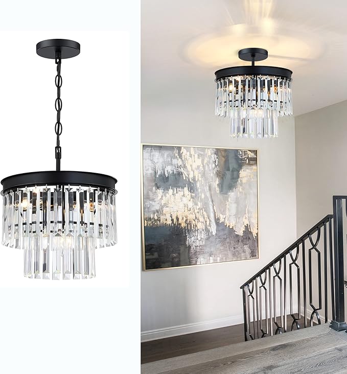 MEXO Crystal Chandelier Lighting Fixture Black Finish, 2-Tier Crystal Hanging Chandelier Lights for Living Room Bedroom Dinning Room Hallway