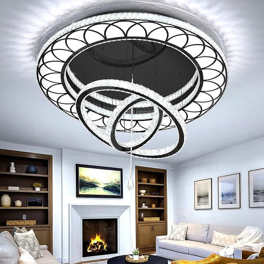 Flashing God Dia 32" Modern Crystal Chandelier Crystal Black Ceiling Light Fixtures LED Flush Mount Ceiling Light for Living Room Bedrooms Dining Room Dimmable 2700k 4500k 6000k