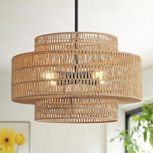 4-Light Boho Rattan Chandelier for Dining Room Light Fixture, 17.7” Black Rustic Pendant Light Farmhouse Hand Woven Wicker Light Fixture for Kitchen Island, Living Room, Bedroom