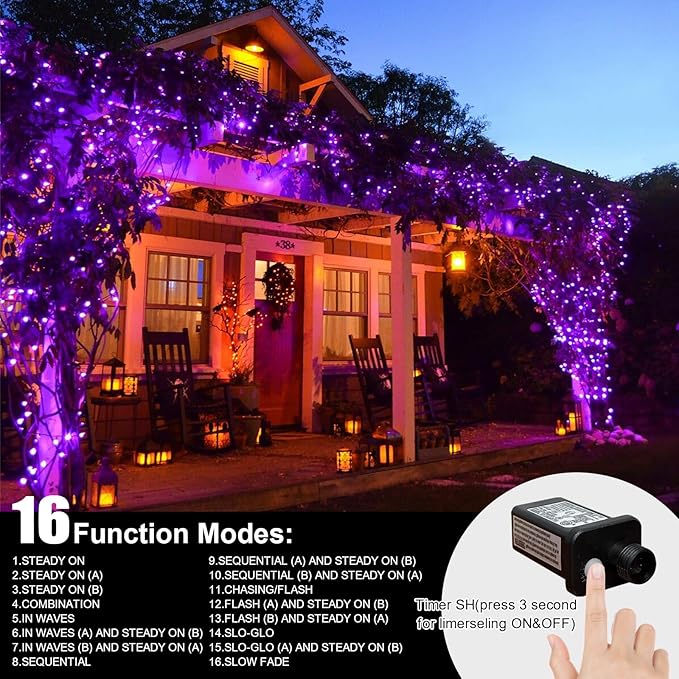 LAMPHOME 99ft 300LED Light Purple String Lights, Clear Wire 16 Modes LED Halloween Lights, Waterproof Indoor Outdoor Purple Christmas Lights Plug in, Halloween Bedroom Garden Party Decor