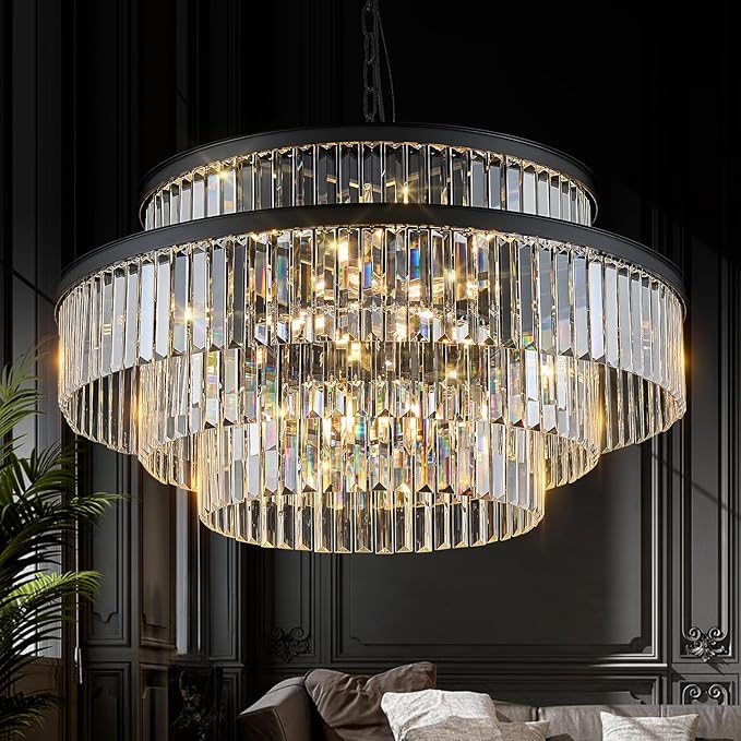 Large Black Crystal Chandeliers 20 Lights 31" Luxury 4-Tier K9 Crystal Lighting Modern Round Ceiling Pendant Light Fixture for Foyer Staircase Living Room Dining Room