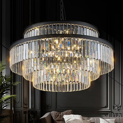 Large Black Crystal Chandeliers 20 Lights 31" Luxury 4-Tier K9 Crystal Lighting Modern Round Ceiling Pendant Light Fixture for Foyer Staircase Living Room Dining Room