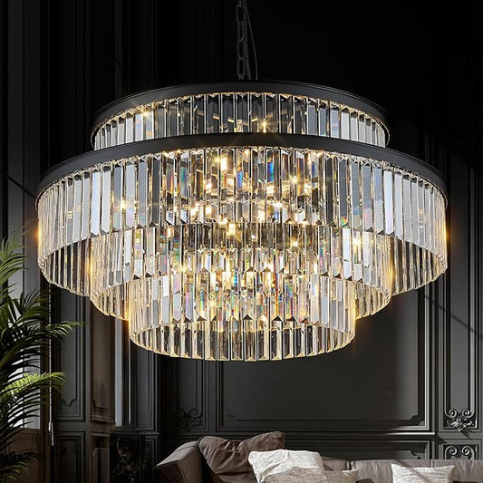 Large Black Crystal Chandeliers 20 Lights 31" Luxury 4-Tier K9 Crystal Lighting Modern Round Ceiling Pendant Light Fixture for Foyer Staircase Living Room Dining Room
