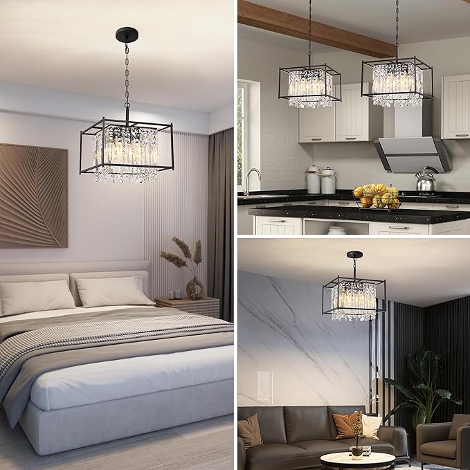 Miuyhji Black Chandeliers for Dining Room, Black Square Industrial Chandelier Crystal Pendant Light for Kitchen Island Dining Room Living Room Flat and Inclined Ceiling,L16 x W16 x H17.5