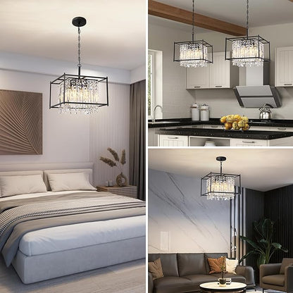 Miuyhji Black Chandeliers for Dining Room, Black Square Industrial Chandelier Crystal Pendant Light for Kitchen Island Dining Room Living Room Flat and Inclined Ceiling,L16 x W16 x H17.5