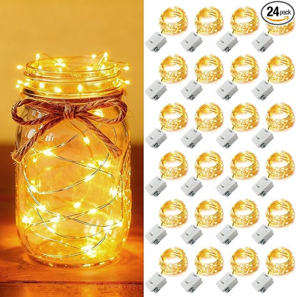 24 Pack Fairy Lights Battery Operated [3 Modes] 7ft 20 LED Mini Twinkle String Lights Waterproof Silver Wire Firefly Starry Lights for Wedding Party Mason Jars Christmas Decorations, Warm White