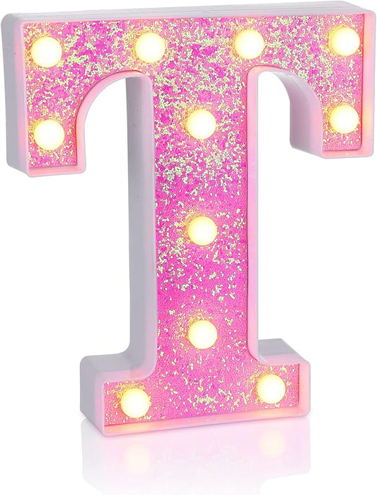 Foaky Pink Light up Letters，Pink Party Decorations,Girls Room Decor,Glitter Light Up Letters,Alphabet Letter Sign for Night Light Birthday Party Girls Gifts, Home Bar Decoration（T）