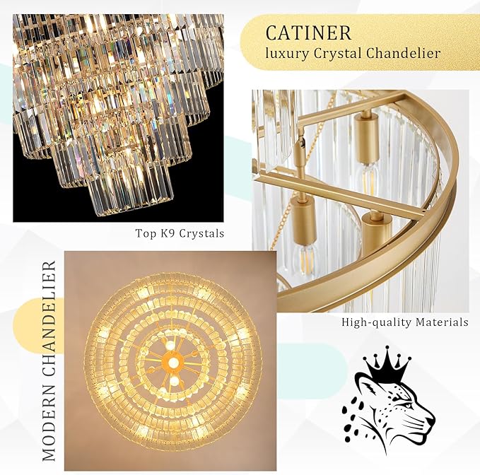 CATINER Large 36" Gold Crystal Chandeliers 23 Lights Modern Luxury Chandelier for Foyer Staircase Chandeliers 6 Tiers Round K9 Ceiling Pendant Lighting Fixture for Living Dining Room