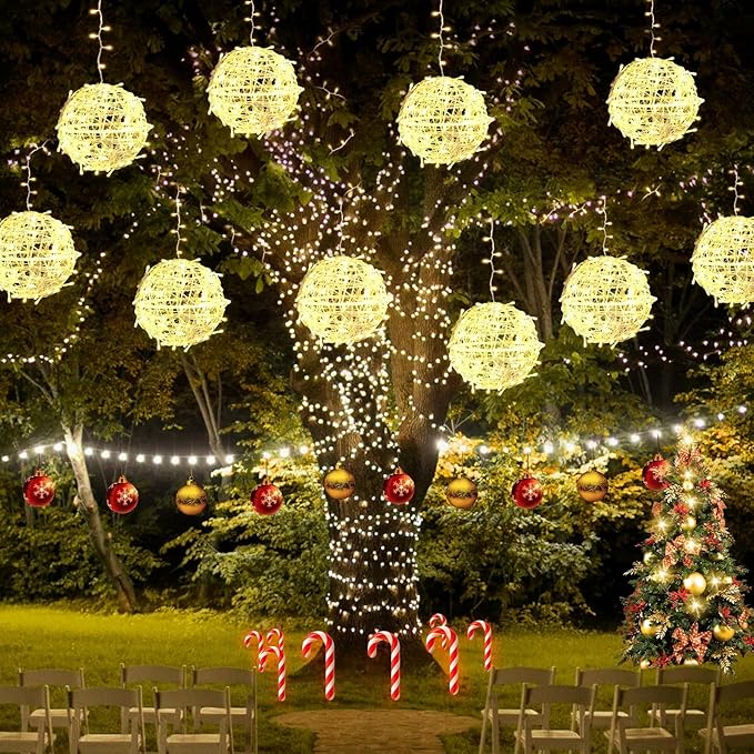 Baung Christmas String Lights Outdoors,4 Pack 7.98" Sphere Ball Tree Garden Globe Lights for Home, Party, Christmas, Porch Patio,Wedding, Garden,Tree Decoration with Memory Function Plug