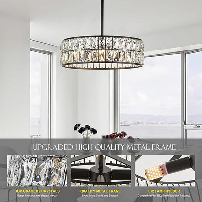 16” 4-Light Modern Crystal Chandeliers Black Dinning Room Light Fixture with Two Rods, Round Pendant Light Kitchen Island Chandelier, Flush Mount Ceiling Light for Living Room Entryway