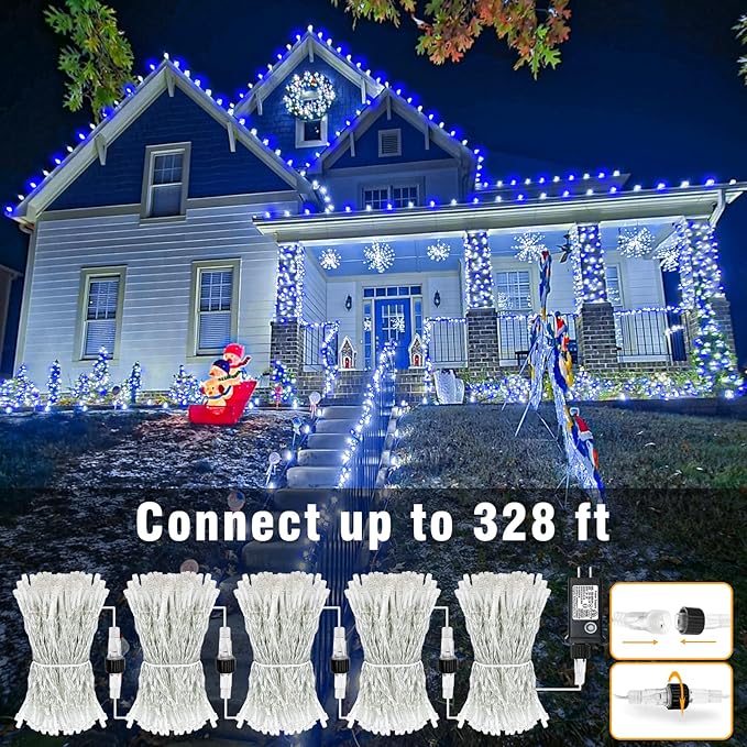 66FT 200 LED Outdoor String Lights, Plug in Christmas Lights Indoor Waterproof with 8 Modes, Connectable Clear Wire Twinkle Fairy Lights for House Patio Xmas Party Decorations, Blue and White