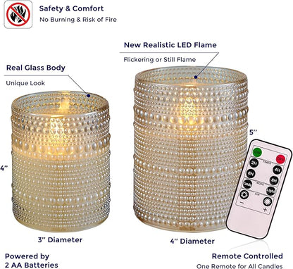 VENTA Beyond The Flame Mesmerizing Dotted Glass Candles | Set of 2 Ivory LED Pillars | Create a Magical, Worry-Free Glow with Remote & Timer | Perfect for Home, Holiday & Wedding Ambiance