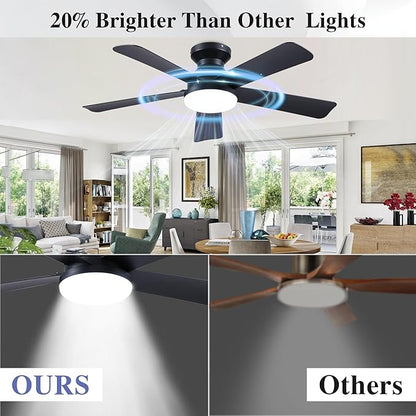 42 Inch Ceiling Fans with Lights and Remote Control, Indoor/Outdoor Flush Mount Low Profile Commercial Reversible Dimmable Ceiling Fans for Living Room Patio Industrial Shop, Black