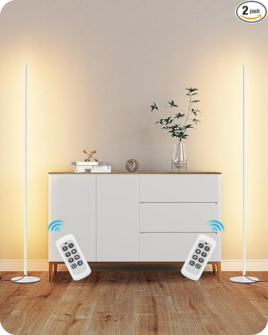 EDISHINE Minimalist LED Corner Floor Lamp with Remote, Set of 2 Modern Dimmable Mood Light, 57.5" Tall Floor Lamp for Bedroom, Living Room, 7 Color Temperature 2700-6000K, (White)