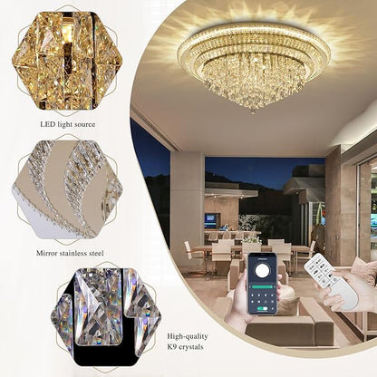 40 inch Flush Mount Crystal Chandeliers with Remote and APP Gold, Modern Elegant LED Crystal Raindrop Ceiling Light Fixture, 3CCT Dimmable, for Living Room Kitchen Island Bedroom Entryway Foyer