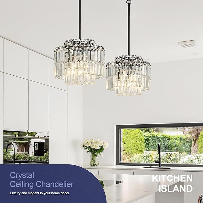 Modern 12.8“ Black Crystal Chandelier Ceiling Light Fixtures for Dining Room Luxury Glam 4-Light Crystal Chandeliers Lighting for Bedroom Entryway Hallway Living Room Kitchen Island Foyer