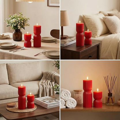 Red Ribbed Fluted Flameless Pillar Candles with Remote, Battery LED Wax Candles Flickering Home Aesthetics Decor Gift Set of 2