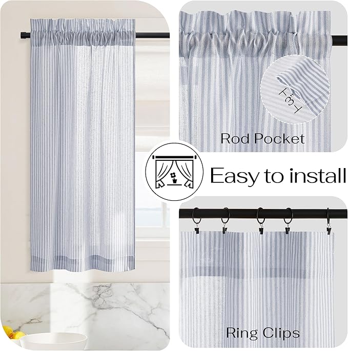 NICETOWN Sheer Blue Linen Kitchen Curtains, Striped Print Farmhouse Decor Cafe Curtains 24 Inch Length, Boho Drapes with Rod Pocket for Living Room Bathroom, 2 Panels, 30×24