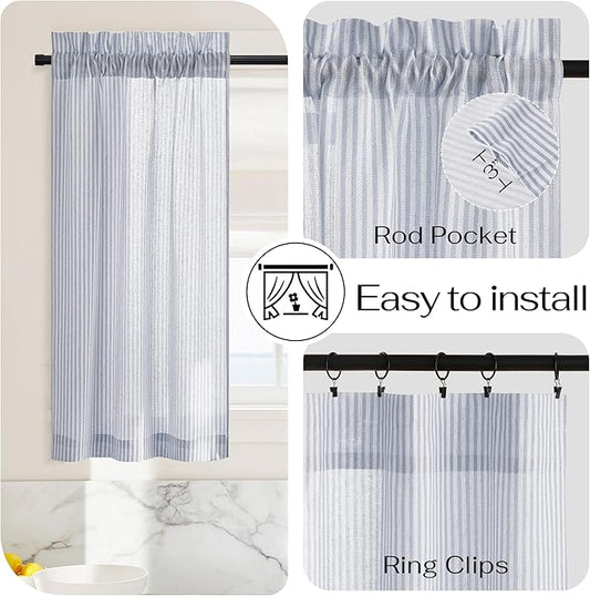 NICETOWN Sheer Blue Linen Kitchen Curtains, Striped Print Farmhouse Decor Cafe Curtains 24 Inch Length, Boho Drapes with Rod Pocket for Living Room Bathroom, 2 Panels, 30×24