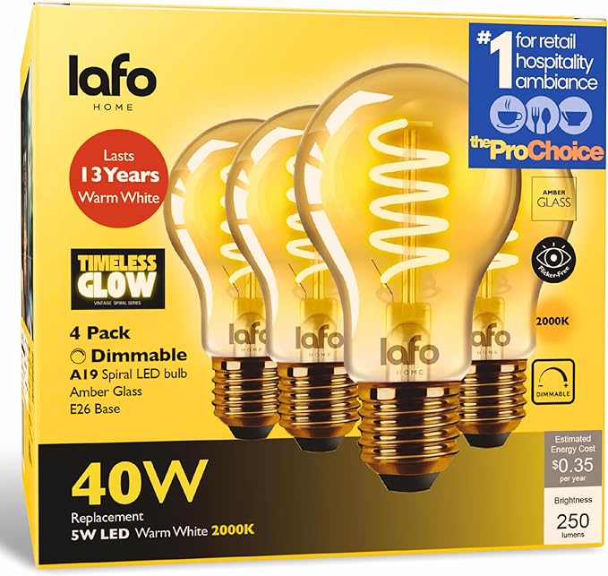 TimelessGlow 4 Pack Dimmable A19 LED Filament Bulb 5W 40W Equivalent Warm Amber 2000K E26 Base CRI80 Amber Glass Spiral Filament ETL FCC Certified Flicker Free Decorative Lighting